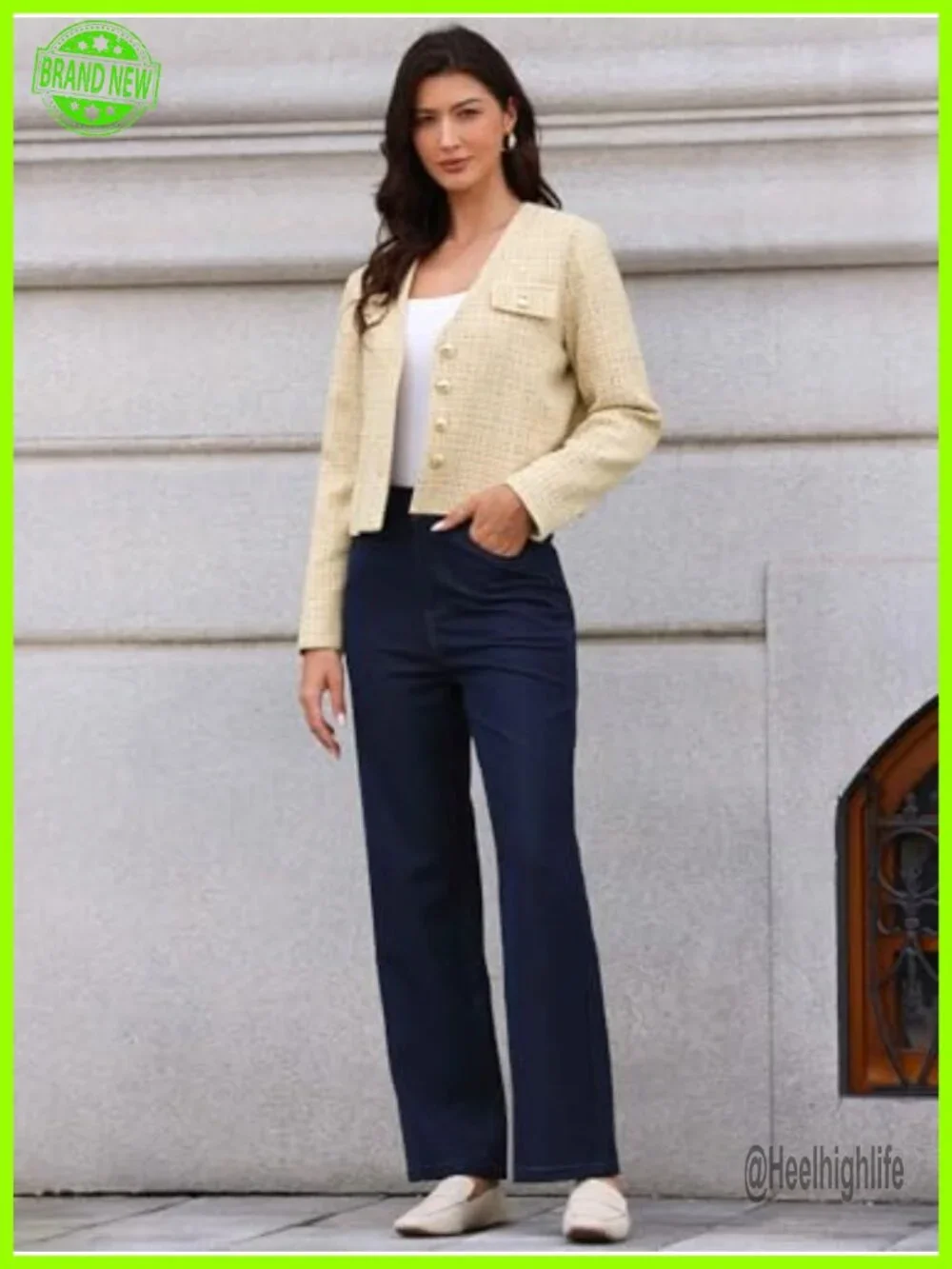 Collarless Tweed Plaid Blazer Long Sleeve Button Down Cropped Jacket